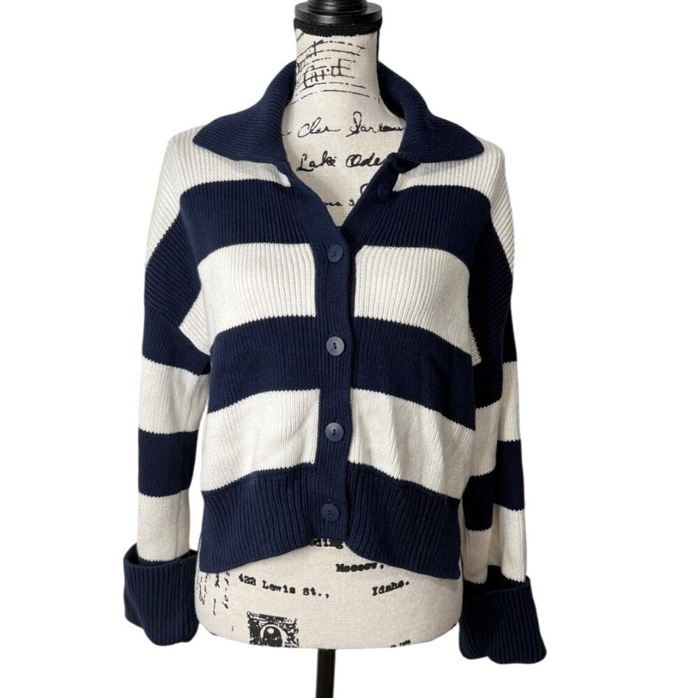 Abercrombie & Fitch Womens Size S Collared Cardigan Blue White Striped Ribbed